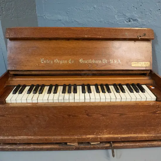 vintage oak-cased portable organ - Estry Organ Company, Brattleboro VT & Begg & Co Dunedin retail label, leather handles