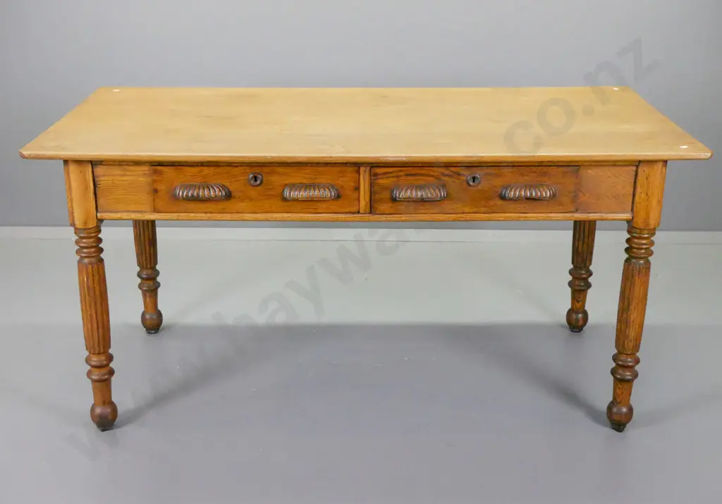 vintage oak library / office table with 2 drawers w/ 2 wooden handles on each, fluted & turned legs on ball feet, split Image 1++