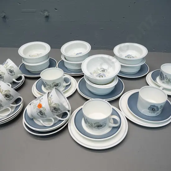 Wedgwood Susie Cooper design Glen Mist tableware - 4 trios, 6 cups & saucers, 8 soup bowls (only 7 saucers)