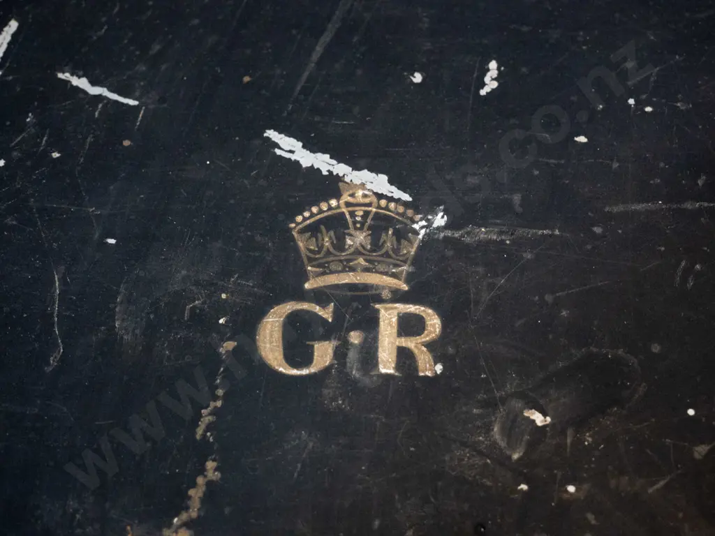 black metal deed or storage box with G.R. royal logo on lid, J.R. Sinclair stencilled on front, working lock with key Image 1++