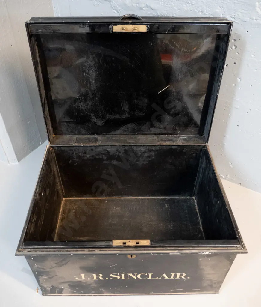 black metal deed or storage box with G.R. royal logo on lid, J.R. Sinclair stencilled on front, working lock with key Image 1++