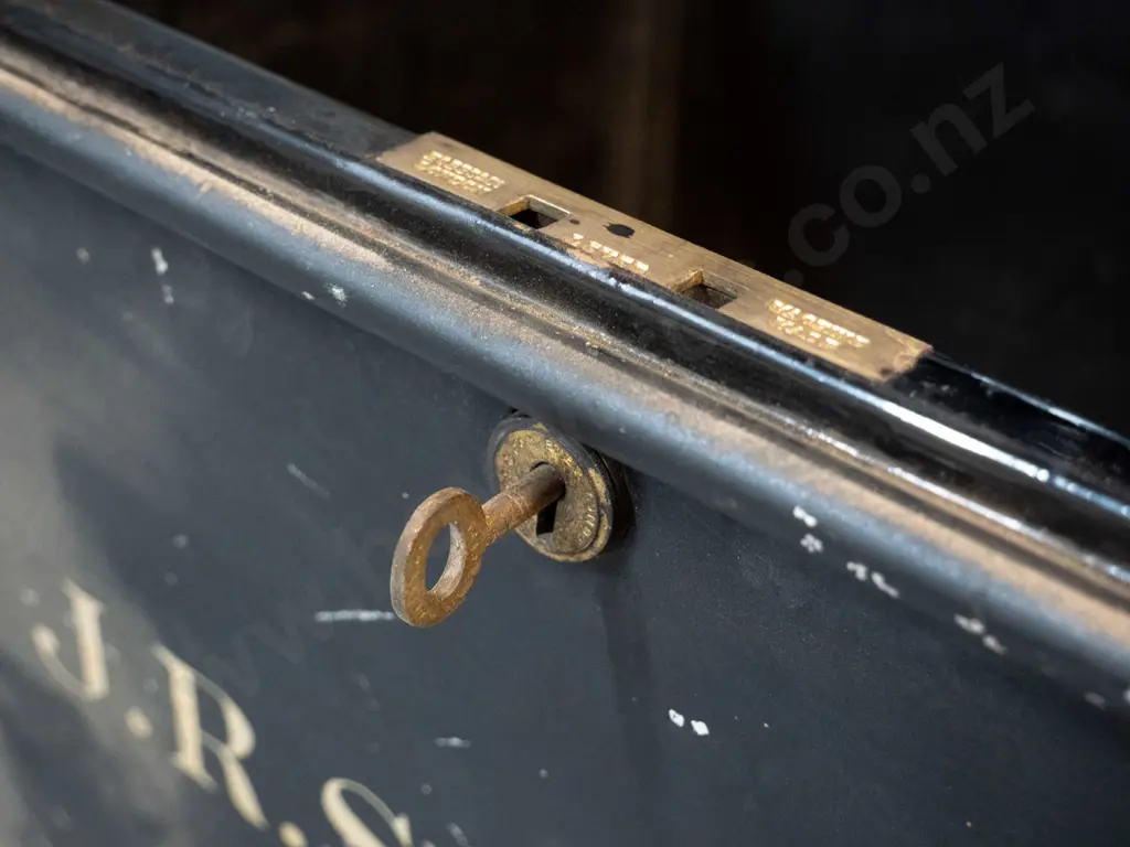 black metal deed or storage box with G.R. royal logo on lid, J.R. Sinclair stencilled on front, working lock with key Image 1++