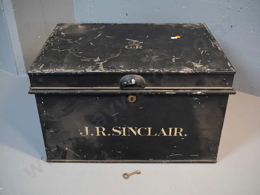 black metal deed or storage box with G.R. royal logo on lid, J.R. Sinclair stencilled on front, working lock with key Image 1++