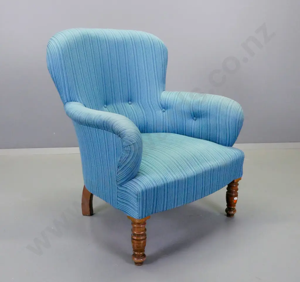 small Edwardian deep buttoned upholstered tub chair - some wear to fabric on arms H-830 W-660 D-560 Image 1++