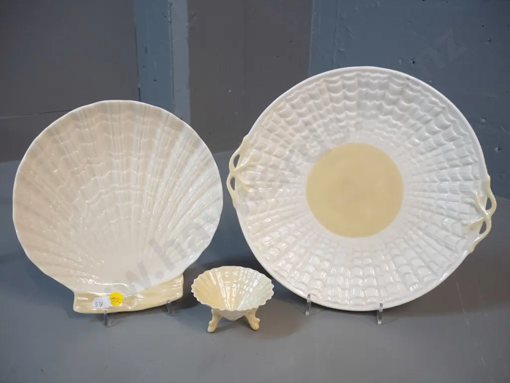 3 pieces of green mark lustre Belleek china - small dish and 2 plates, larger is D-270 Image 1++