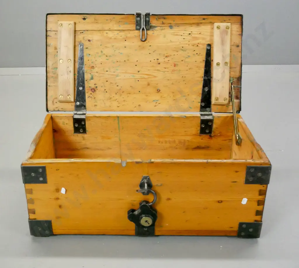 vintage small pine trunk with metal strapping, corner binding and carry handles, has non-functioning padlock. Chip to Image 1++