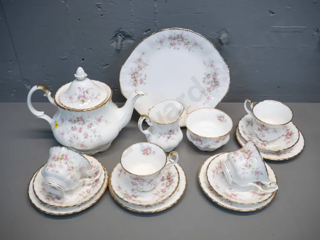 Royal Albert Paragon "Victoriana Rose" 16-piece tea set with large teapot H-195 W-255 marked Copyright 1966 Image 1++