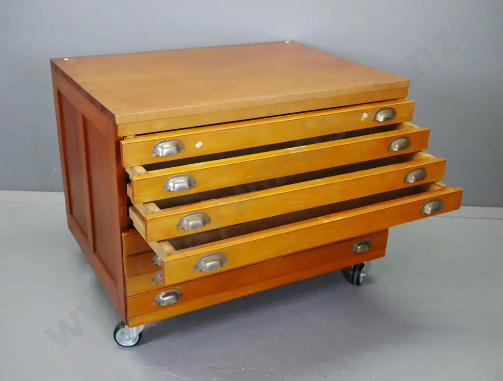 set of vintage rimu plan / map drawers - 8 drawers with hinged covers and chrome cup handles, on modern rubber casters Image 1++