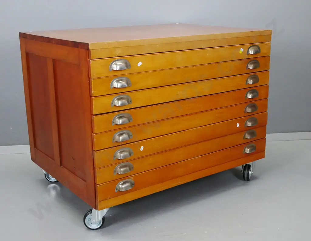 set of vintage rimu plan / map drawers - 8 drawers with hinged covers and chrome cup handles, on modern rubber casters Image 1++