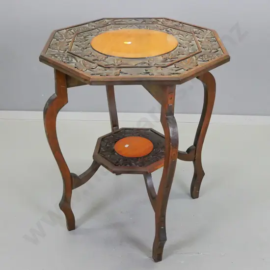 vintage kauri and rimu octagonal top 2-tier side table with grape & vine motif carved borders on 4 sweeping shaped legs