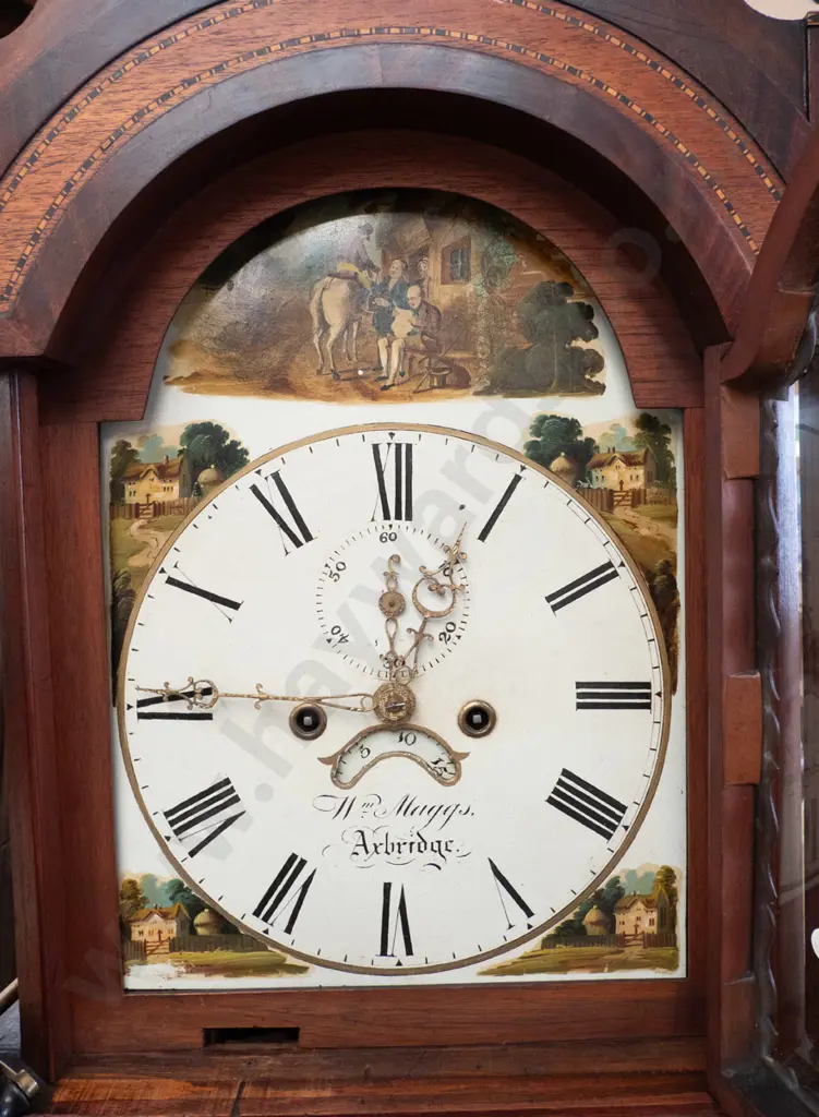 antique (circa 1800) Wm. Maggs, Axbridge long cased clock with banded inlay decoration and copper eagle finials, hand Image 1++