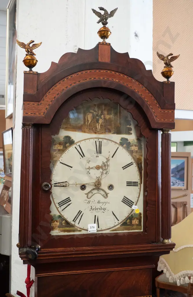 antique (circa 1800) Wm. Maggs, Axbridge long cased clock with banded inlay decoration and copper eagle finials, hand Image 1++