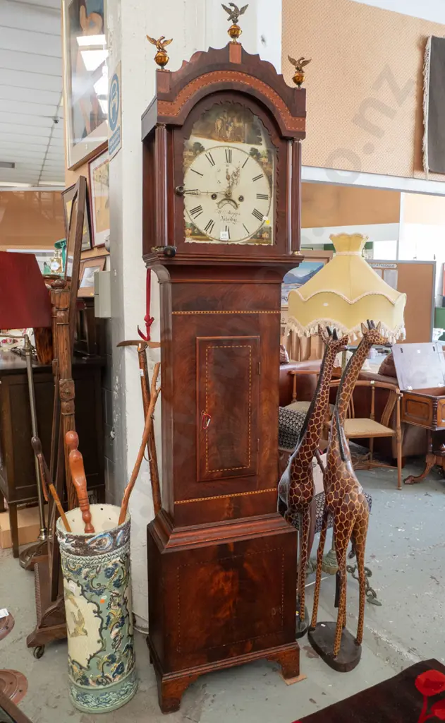 antique (circa 1800) Wm. Maggs, Axbridge long cased clock with banded inlay decoration and copper eagle finials, hand Image 1++