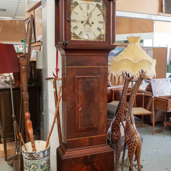 antique (circa 1800) Wm. Maggs, Axbridge long cased clock with banded inlay decoration and copper eagle finials, hand
