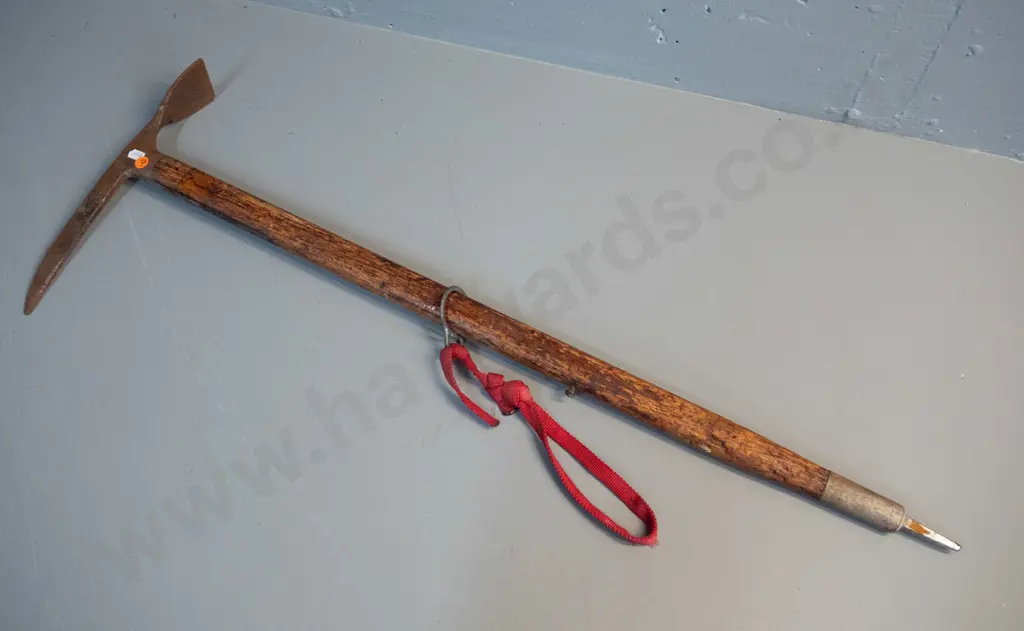 vintage timber and steel ice axe with sliding collar hand strap, marked w/ name Pete McDonald - corrosion and age wear Image 1++