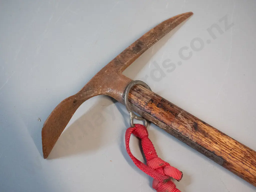 vintage timber and steel ice axe with sliding collar hand strap, marked w/ name Pete McDonald - corrosion and age wear Image 1++