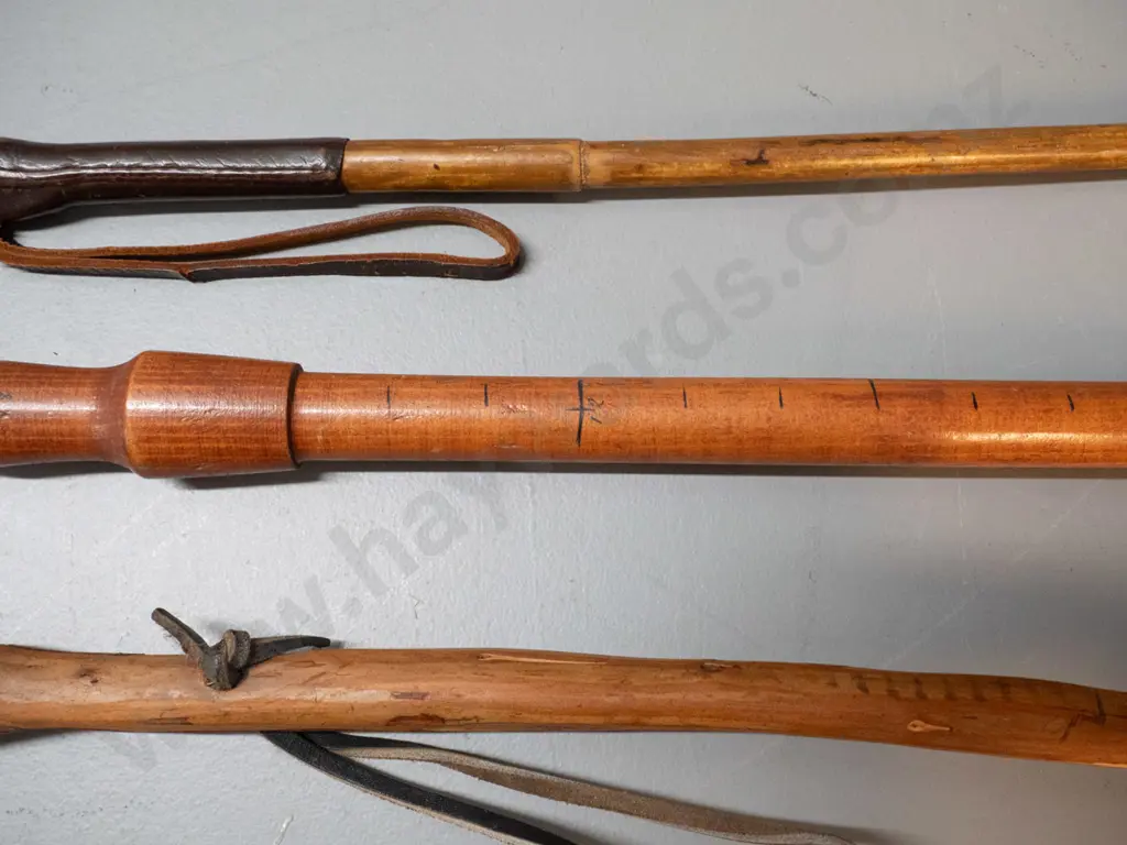 3 walking sticks - one with figural carving and inch markings, one with leather bound handle end, and one rustic walking Image 1++