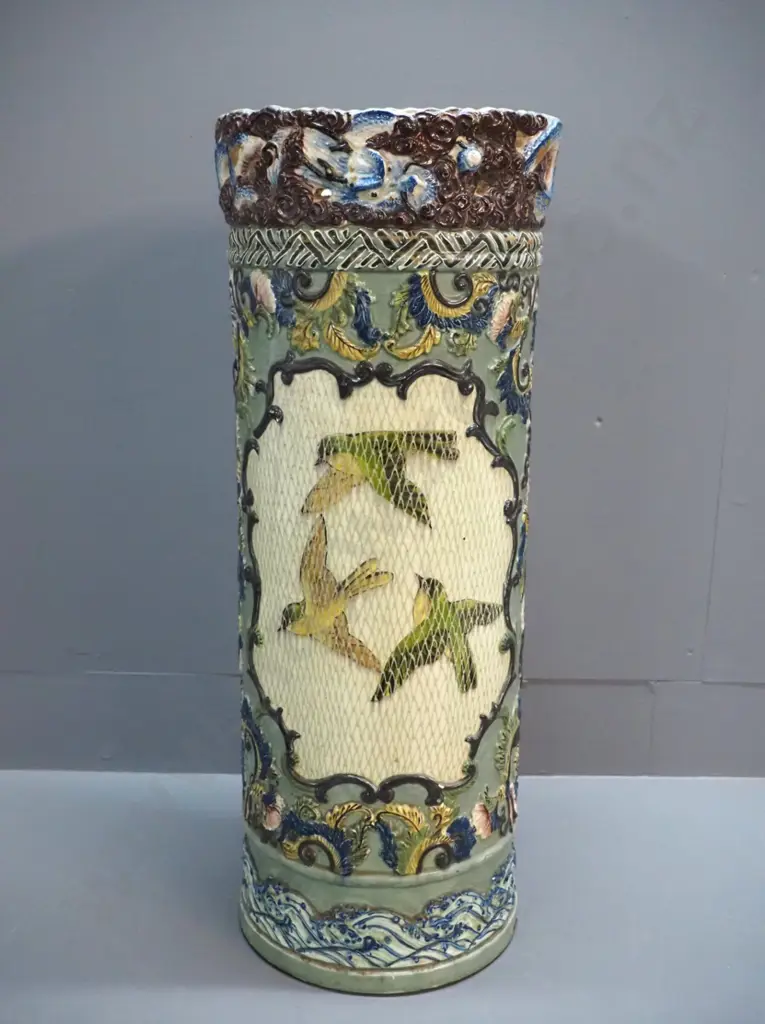 vintage Majolica style umbrella stand with floral and bird motifs - has hairline crack, chip inside rim, some glaze loss Image 1++