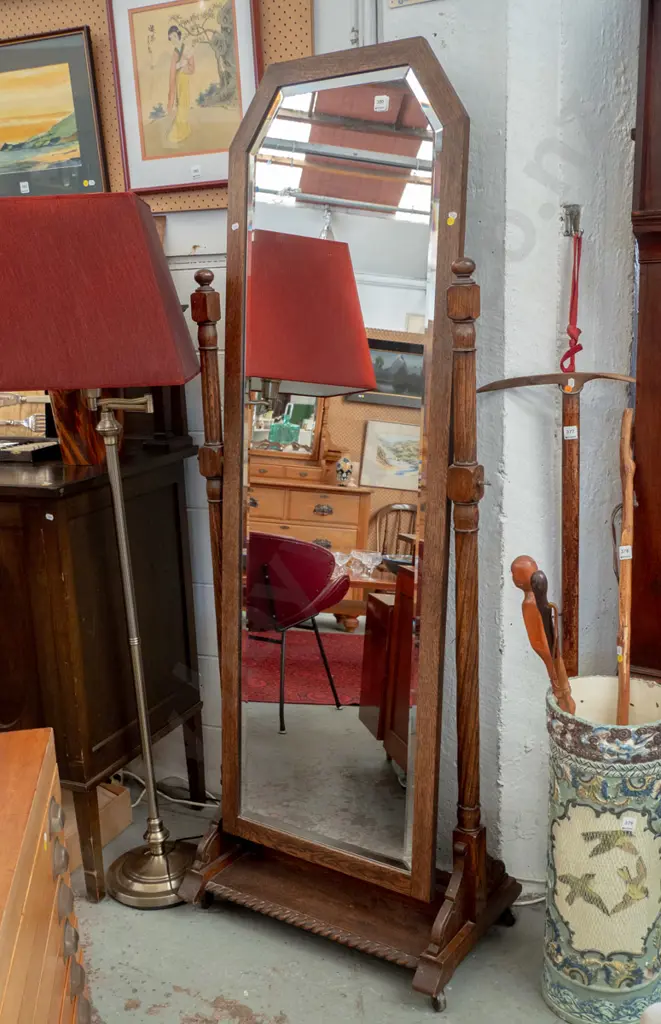 vintage full-size oak-framed freestanding bevelled edge dressing mirror with fluted supports, platform base, rope edge Image 1++