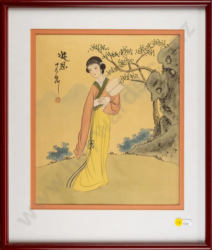 framed Asian ink and watercolour - women with fan H-310 W-250 Image 1++