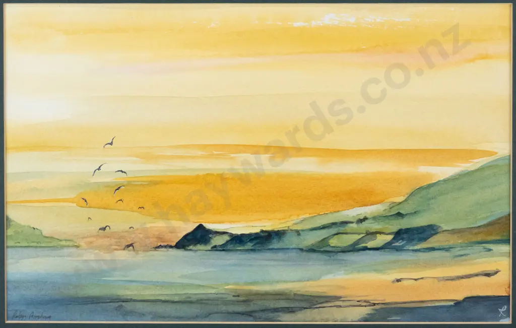 Robyn Armstrong -framed watercolour - coastal scene H-225 W-360 Image 1++