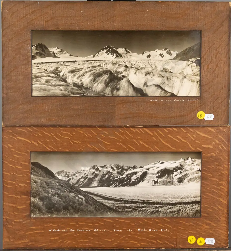 2 framed vintage black and white scenic photographs - Godley Glacier, Mt Cook & Tasman Glacier (some aging) Image 1++