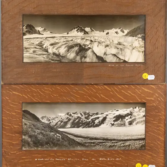 2 framed vintage black and white scenic photographs - Godley Glacier, Mt Cook & Tasman Glacier (some aging)