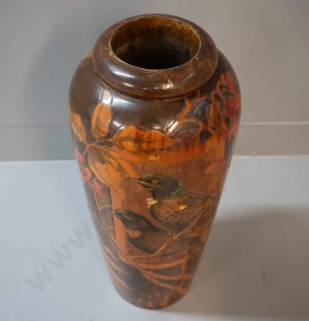 large turned wood vase with engraved and painted tui, floral and berry decoration. H-470 D-200 - some scratches and Image 1++