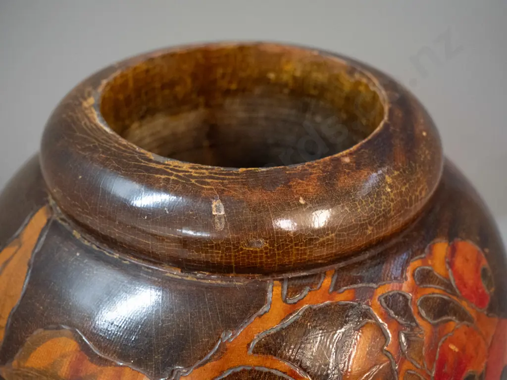large turned wood vase with engraved and painted tui, floral and berry decoration. H-470 D-200 - some scratches and Image 1++