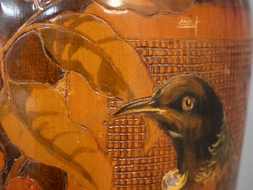 large turned wood vase with engraved and painted tui, floral and berry decoration. H-470 D-200 - some scratches and Image 1++