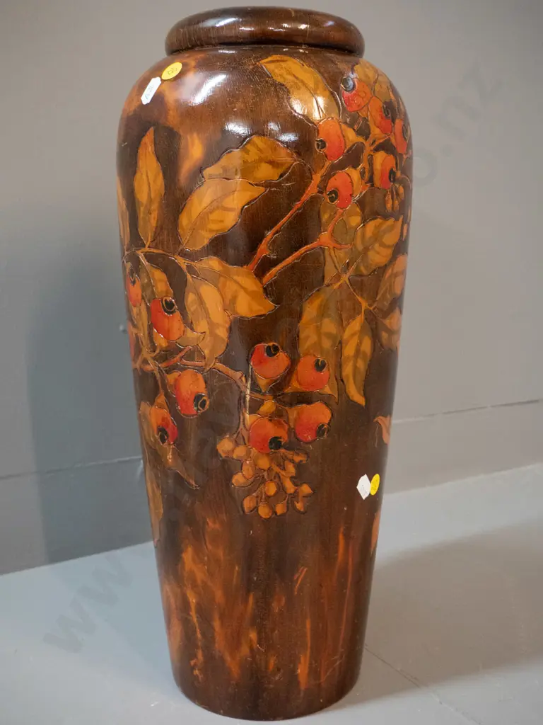 large turned wood vase with engraved and painted tui, floral and berry decoration. H-470 D-200 - some scratches and Image 1++