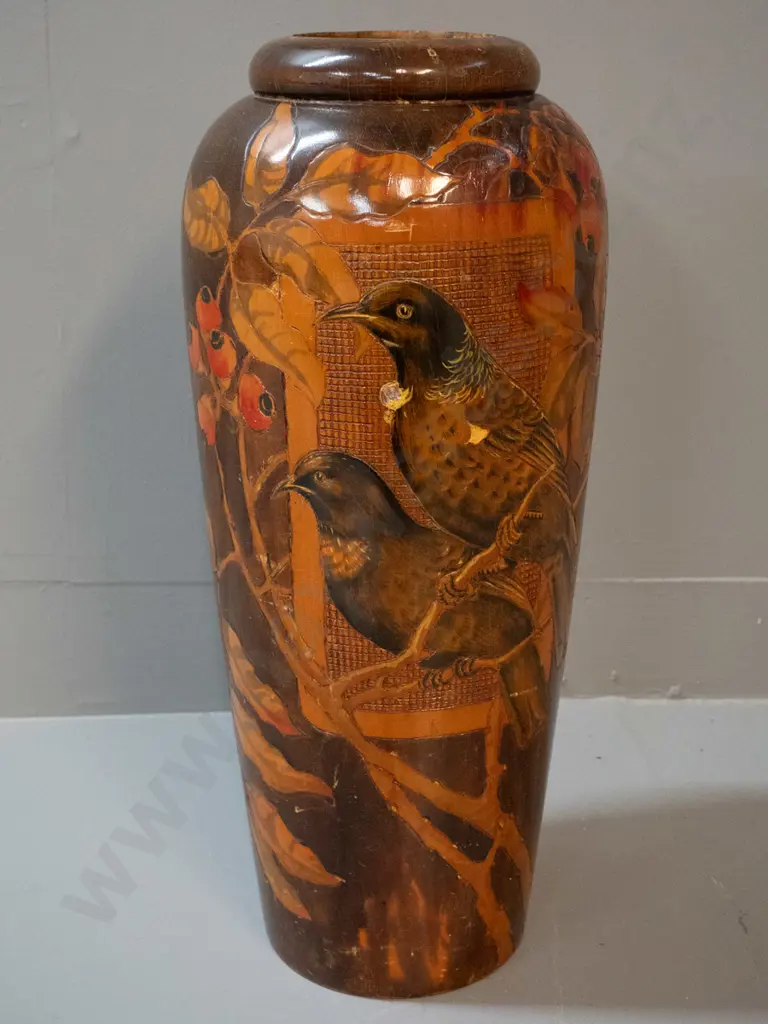 large turned wood vase with engraved and painted tui, floral and berry decoration. H-470 D-200 - some scratches and Image 1++