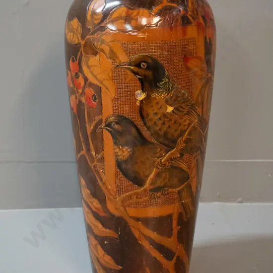 large turned wood vase with engraved and painted tui, floral and berry decoration. H-470 D-200 - some scratches and
