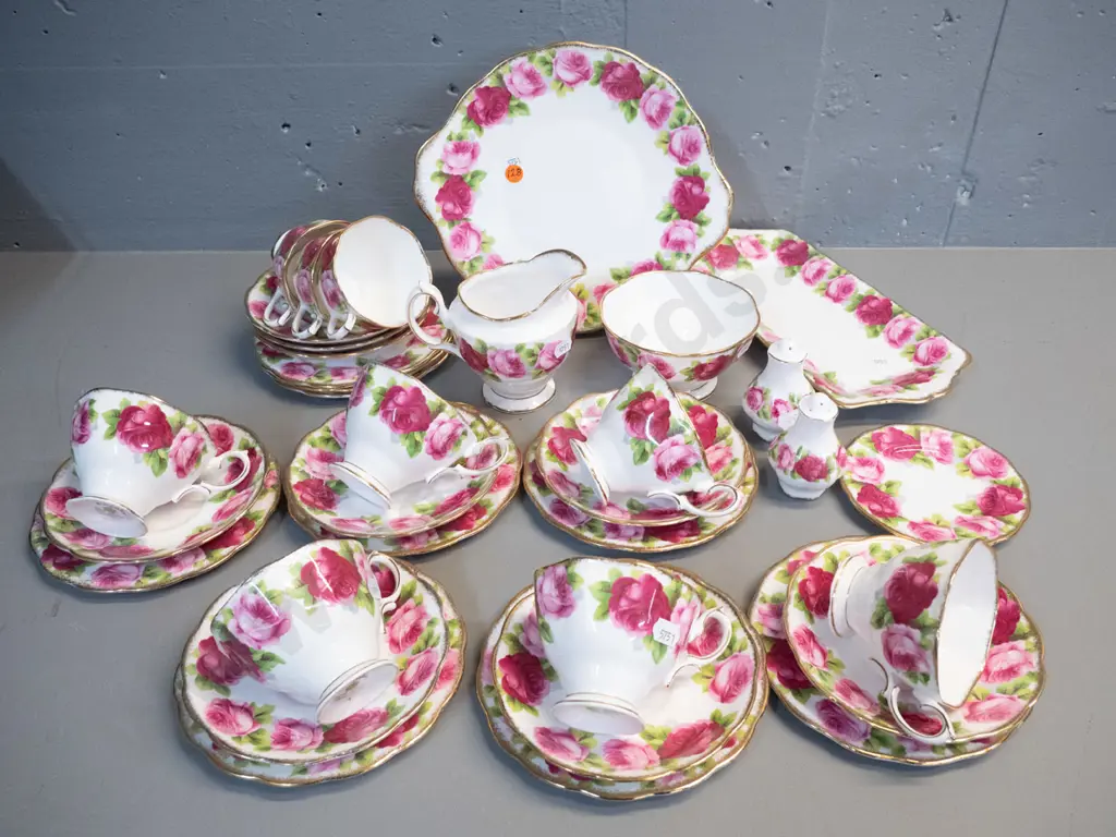 Royal Albert Old English Rose tea ware - 9 trios, sandwich plate, cake plate, salt & pepper, etc. - minor wear to gilt Image 1++