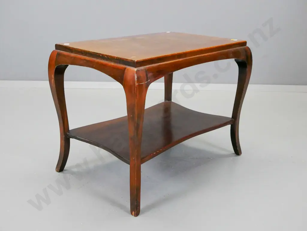 vintage beech and rimu 2-tier coffee table with sweeping shaped legs, some surface damage on top, chips to base of one Image 1++