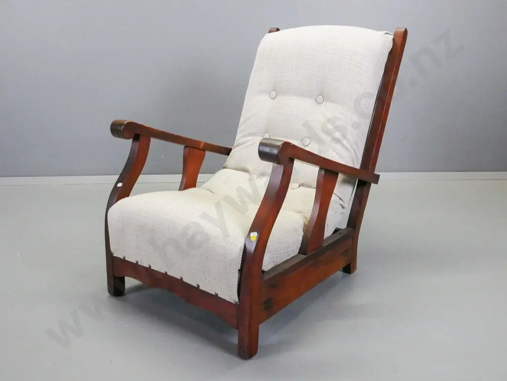 vintage mixed timber beech & rimu fireside armchair with buttoned cream upholstery H-810 W-600 D-680 Image 1++