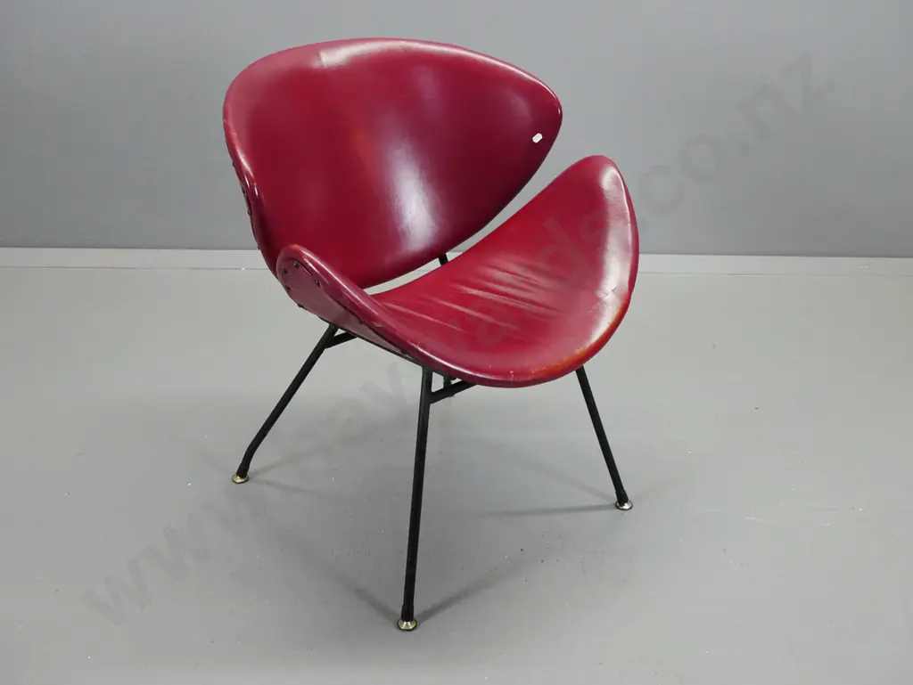 retro lip chair with black painted legs, maroon vinyl upholstery, some scratching / wear to seat H-770 W-660 D-610 Image 1++