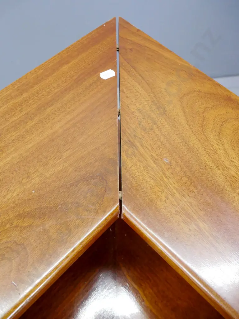 retro mahogany corner unit with top shelf on round supports, 4 sliding tambour doors - some staining to polish on top Image 1++