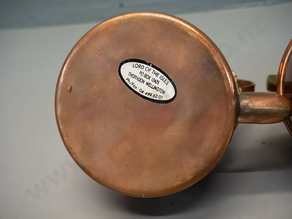 5 copper and brass items - small beaten copper teapot, plated kettle w/ hinged handle, kettle w/ brass handle & knob Image 1++