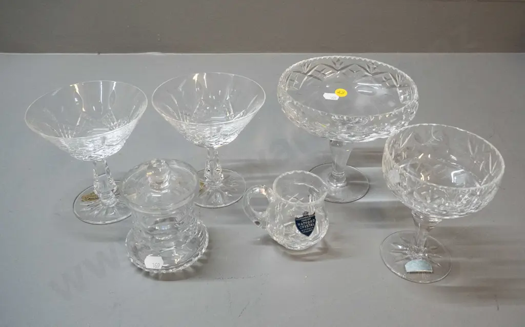 6 assorted cut crystal items - Waterford champagne glasses (one w/ fine chips) and mustard pot, Edinburgh small comport, Image 1++