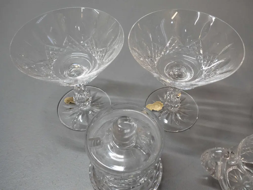 6 assorted cut crystal items - Waterford champagne glasses (one w/ fine chips) and mustard pot, Edinburgh small comport, Image 1++
