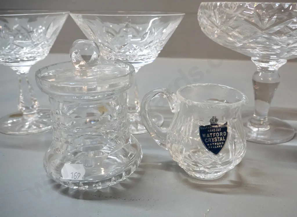 6 assorted cut crystal items - Waterford champagne glasses (one w/ fine chips) and mustard pot, Edinburgh small comport, Image 1++