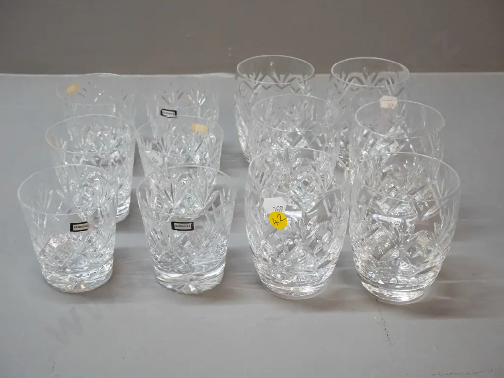 Webb-Corbett cut crystal glasses - 12 small glasses, 6 each in 2 shapes, some w/ "Georgian" label - larger are H100 D70 Image 1++
