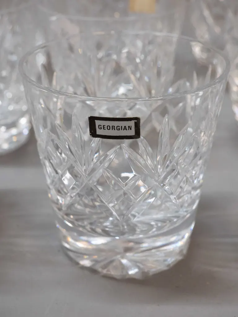Webb-Corbett cut crystal glasses - 12 small glasses, 6 each in 2 shapes, some w/ "Georgian" label - larger are H100 D70 Image 1++