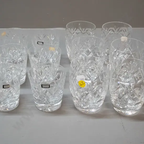 Webb-Corbett cut crystal glasses - 12 small glasses, 6 each in 2 shapes, some w/ "Georgian" label - larger are H100 D70