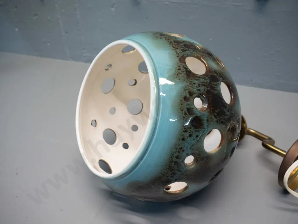 studio pottery light shade - green trickle glaze with holes, on brass wall mount fitting - D-240 Image 1++