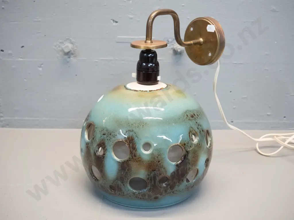 studio pottery light shade - green trickle glaze with holes, on brass wall mount fitting - D-240 Image 1++