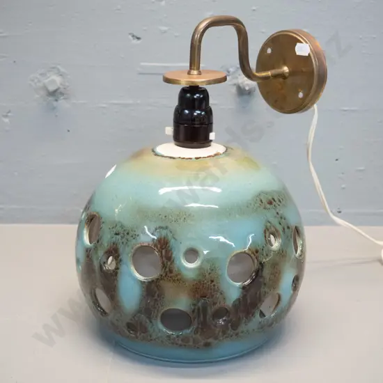 studio pottery light shade - green trickle glaze with holes, on brass wall mount fitting - D-240