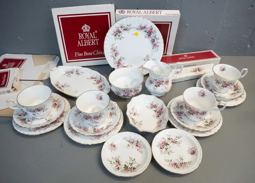 Royal Albert Lavender Rose china items - 4 trios, cream & sugar, mint dish, sweet dish, 4 plates, some w/original boxes Image 1++