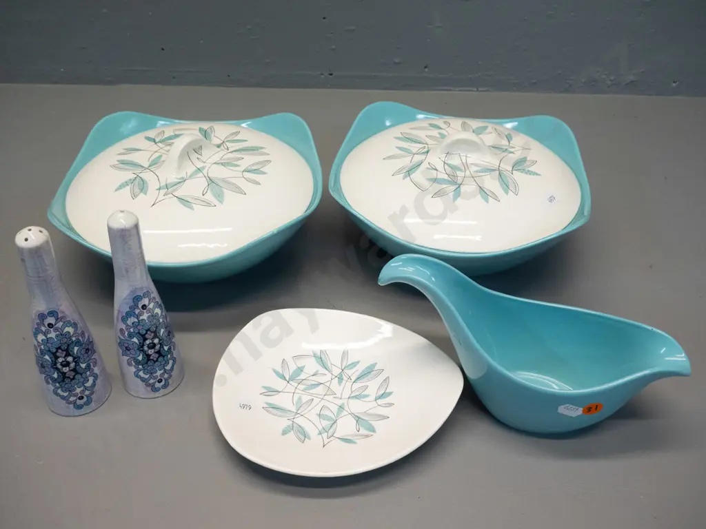 retro serving and table ware - 2 Midwinter lidded veges, gravy boat and saucer, and an Old Foley salt & pepper - some Image 1++